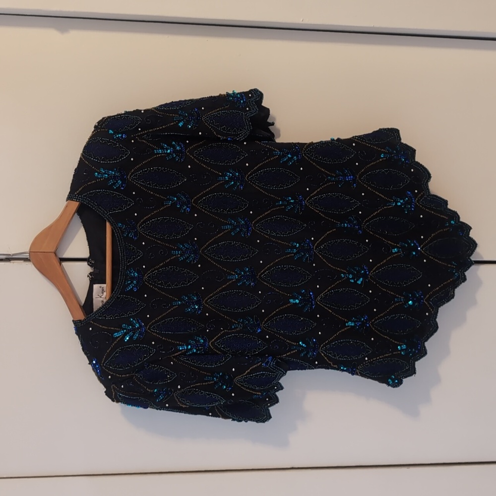 Laurence Kazar Silk Black top with Blue Sequins